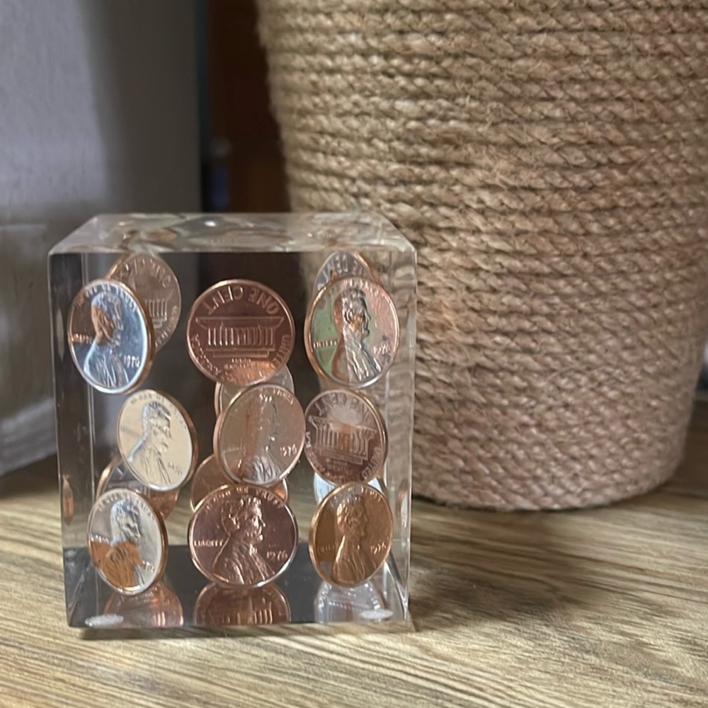 Vintage Lucite Floating Pennies Paperweight
